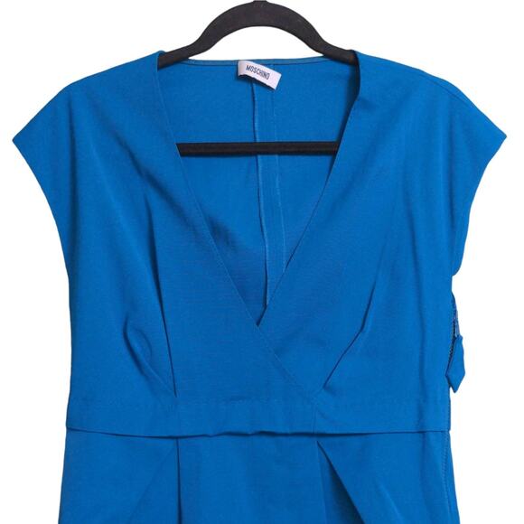 Moschino Womens A Line Dress Blue Pockets V Neck Cap Sleeve Pleated Side Zip S - Picture 2 of 10